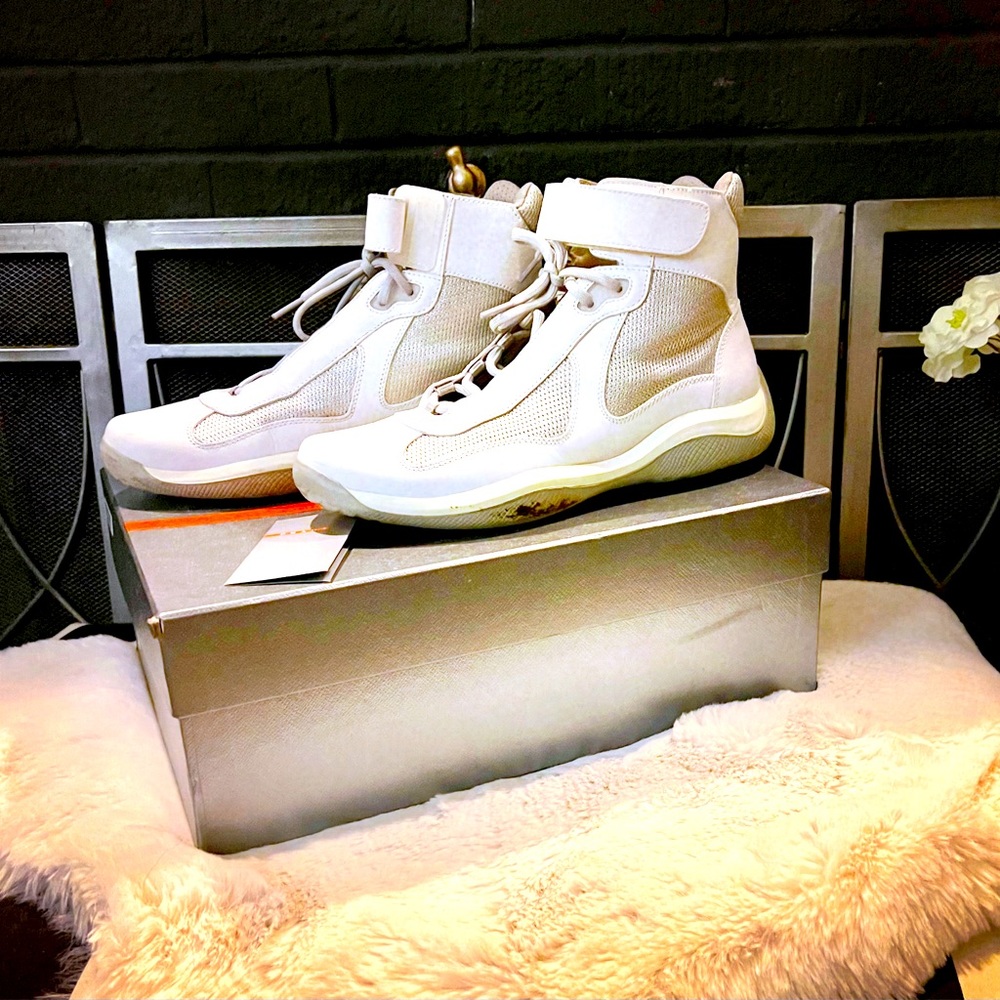 PRADA America's Cup Patent Leather Sneakers White and Silver Men’s Prada Size 7